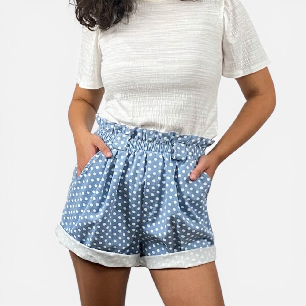 Vintage Faded Blue White Polka Dot High Waist Paperbag Slouchy Shorts Sz S